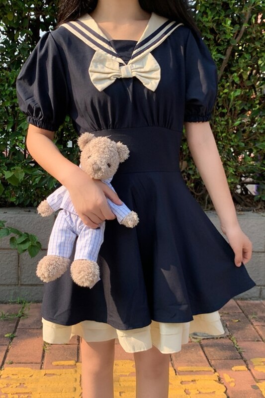 Japanese College Short Sleeve Dress Girls Sailor Medium-length Dress Summer JK Uniforms Dress school uniform