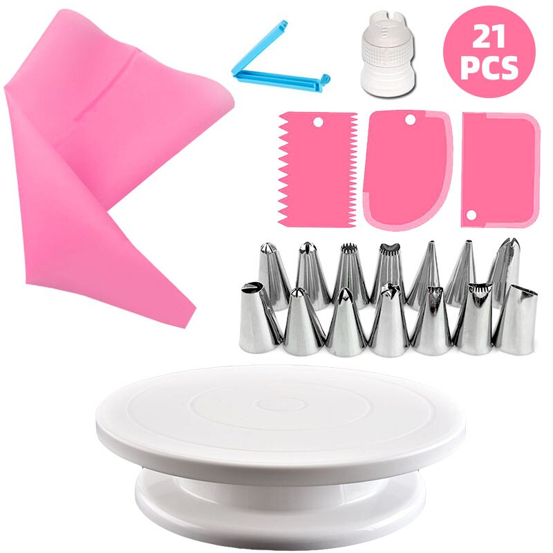 21pcs Fondont Cake Decorating Tools Plastic Cake Turntable Set Silicone Pastry Bag Piping Nozzle Kit Baking Accessories