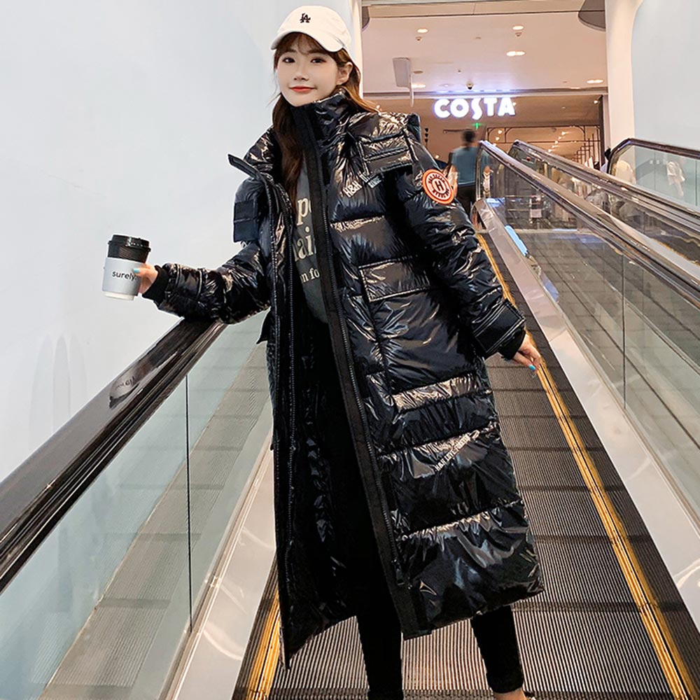 Pinkyisblack huva dam kappa lång parkas oversize vinterjacka dam glansig vinter tjock dunjacka dam kappa