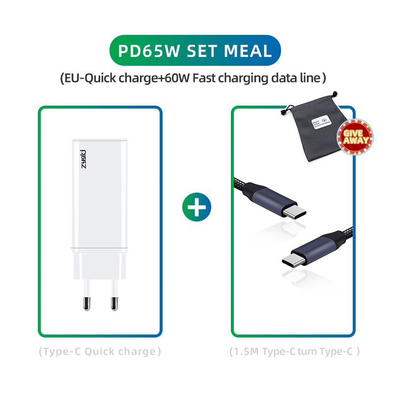 ZYG Xiaomi 65W Fast Charger Type-C Interface PD3.0 QC4.0 Portable Mobile Phone Quick Charger, iPhone 12 Por Laptop Fast Charging: EU 60W type-C cable