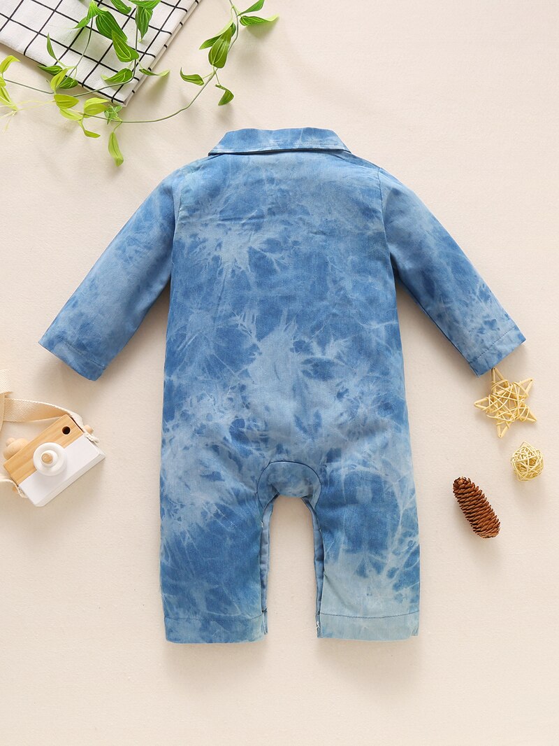 Wallarenear 0-24M Pasgeboren Baby Jongen Meisje Herfst Bodysuit Denim Revers Lange-Mouwen Knop Open Jumpsuit Met zakken