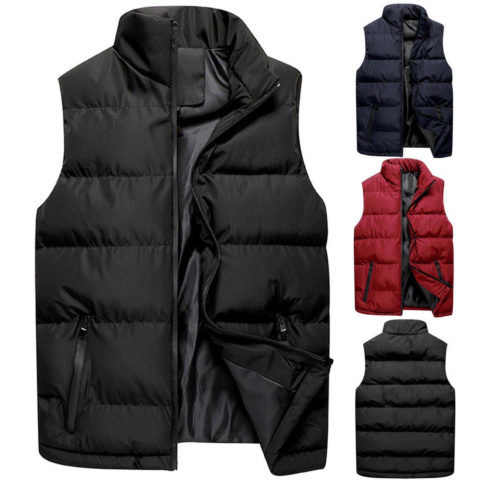 Hommes Veste Sans Manches Gilet Hiver Mâle Couleur Pure Gilet Gilet Manteaux Homme Col Montant Épaissir Grande Taille Gilets