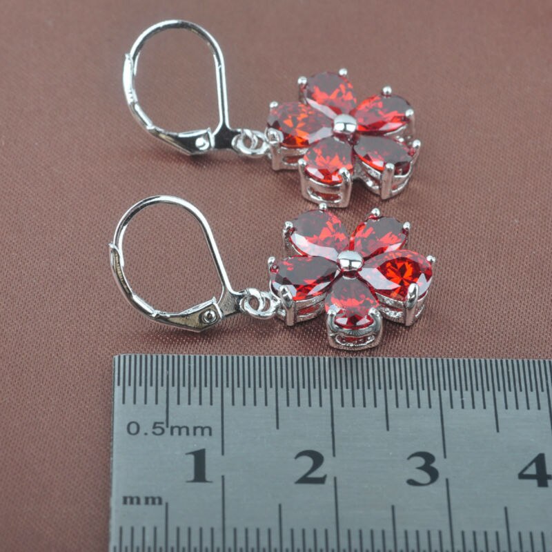 Kvinders sølvfarvede krystal smykkesæt rød granat blomst armbånd halskæde og øreringe ring sæt  yz0251