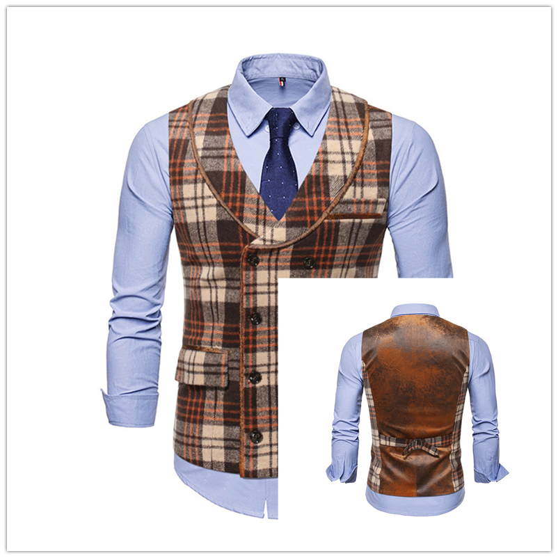 Gilet de costume rayé à carreaux pour homme, Style britannique, Double boutonnage, sans manches, à la , automne: Coffee / XL