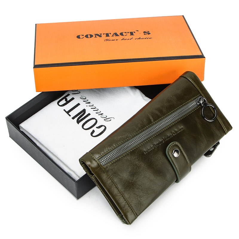 CONTACT'S 100% Genuine Leather Men Wallet Multifunction Long Purse with Coin Pocket Zipper Cartera Male Card Holder Rfid Wallets: Green Box