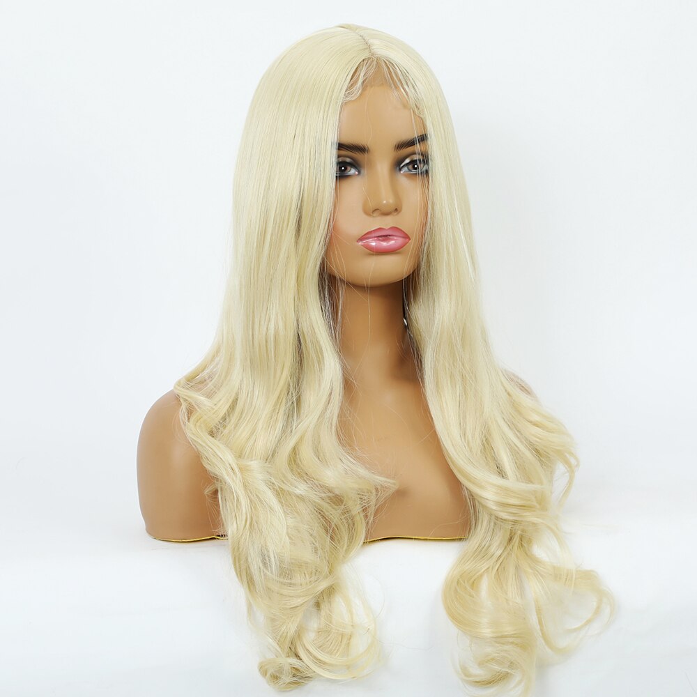 CharmSource Long Natural Wavy Lace Part Synthetic Wigs Light White Blonde for Women Daily Hair High Density Heat Resistant Wig
