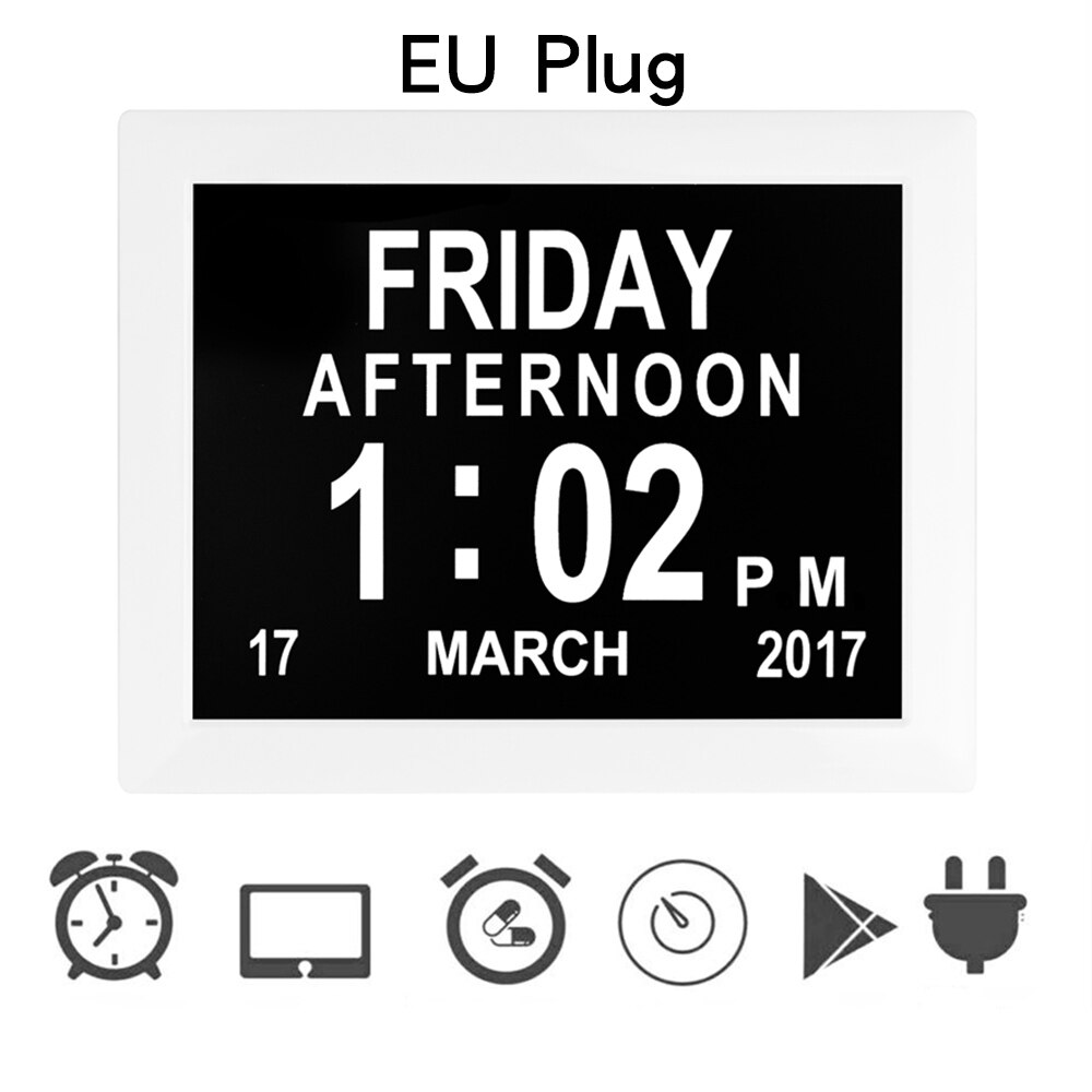 Digital kalenderklokkeramme for bilder musikkvideoer for eldre og pasienter 8 alarmalternativer og medisinpåminnelser: Hvit eu-plugg