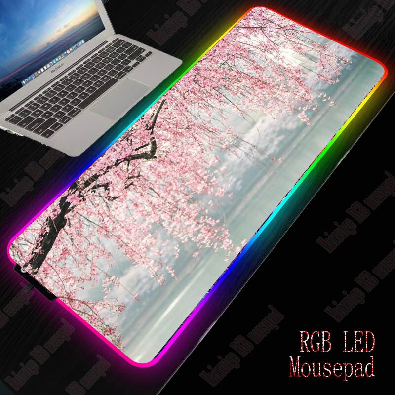 MRGBEST Japan Cherry Blossom Tree Flowers photo Mouse Pad Gamer Big Mouse-pad Led Backlight and common pink mice mat: RGB 300X800X4MM