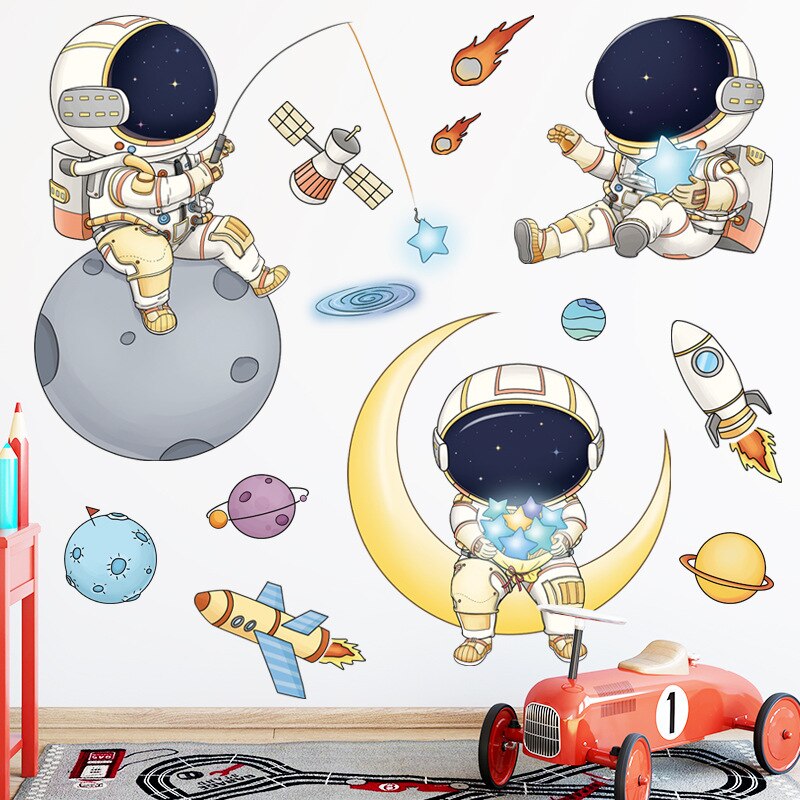 Vægoverføringsbilleder, søde tegneserie rumskibsplaneter og astronauter selvklæbende vægklistermærker til dekoration af børneværelset