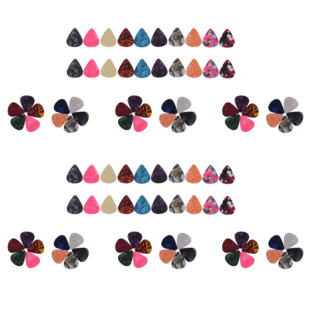 Unids/pack de 100 púas para guitarra de celuloide para bajo guitarras acústicas eléctricas (colores y grosor 0,46mm/0,71mm/0,96mm aleatoria)