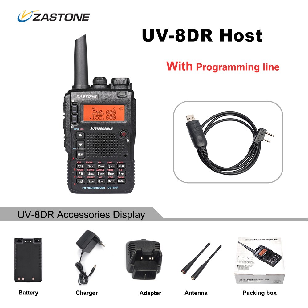 Walkie-talkie Zastone UV-8DR VHF/UHF 136-174MHz 240-260MHz 400-520MHz 128-MHz, Radio bidirectionnelle à trois bandes CH UV8DR: Whit line