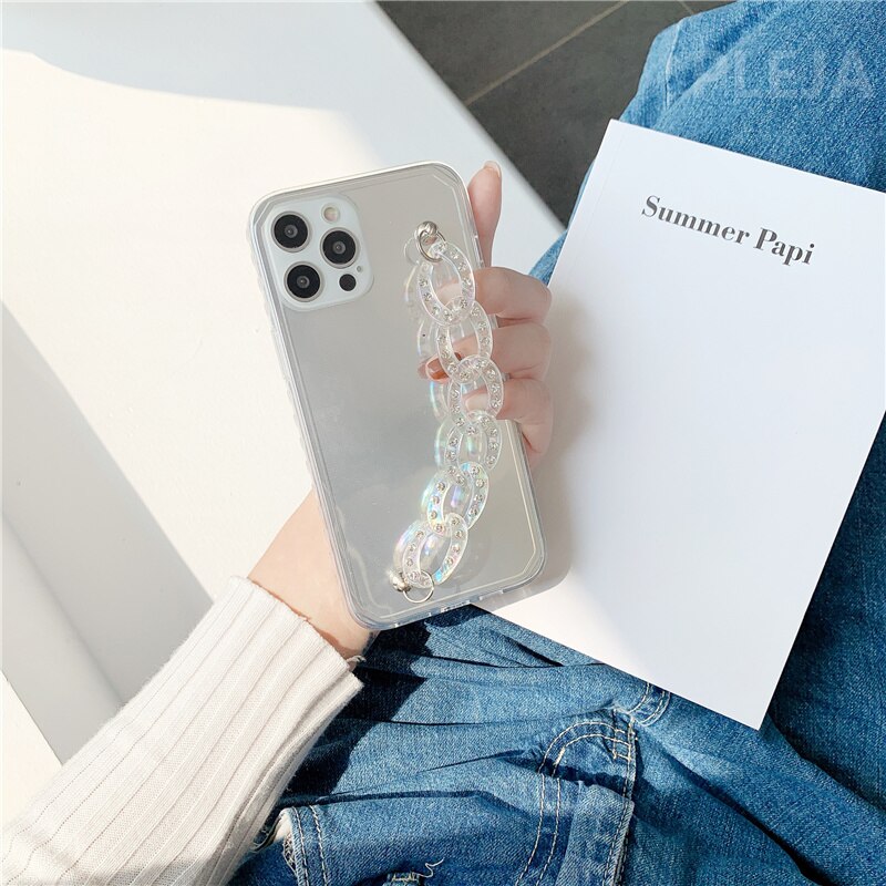 Luxury Rhinestone Chain Wristband Mirror Phone Case For iphone 12 mini 11 Pro max 7 8 plus SE X XR XS Max Clear Hard Cover: For-iphone7