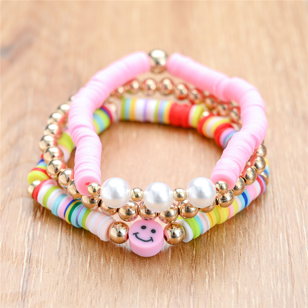 Boho Kleurrijke Polymeer Klei Smiley Gezicht Vriendschap Armband 3 Stks/set Ronde Kralen Multilayer Wrap Armband Vrouwen Polsband: set 4