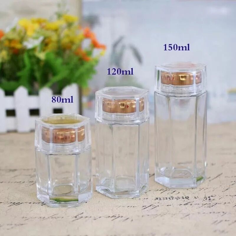 1 stücke 80/120/150/180/280 ml NEUE Hexagon/Runde Glas Gläser Mit Gold /silber Deckel glas lagerung flaschen gläser honig Süssigkeit Krug küche