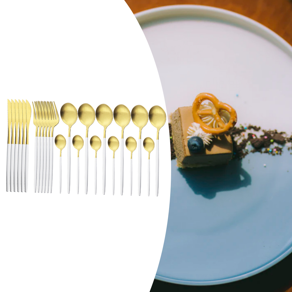 Kitchen Cutlery Set Knives Fork Tea Spoon Flatware Eating Cutlery Dinnerware Utensils: White Golden 