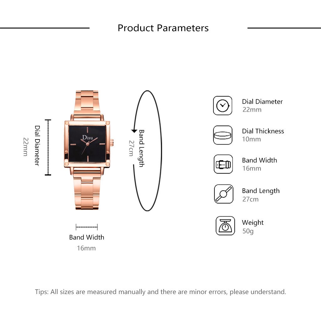 DISU Watch for Women Alloy Steel Strip Women Bracelet Watch Exquisite Square Dial Clock Quartz WristWatch Reloj