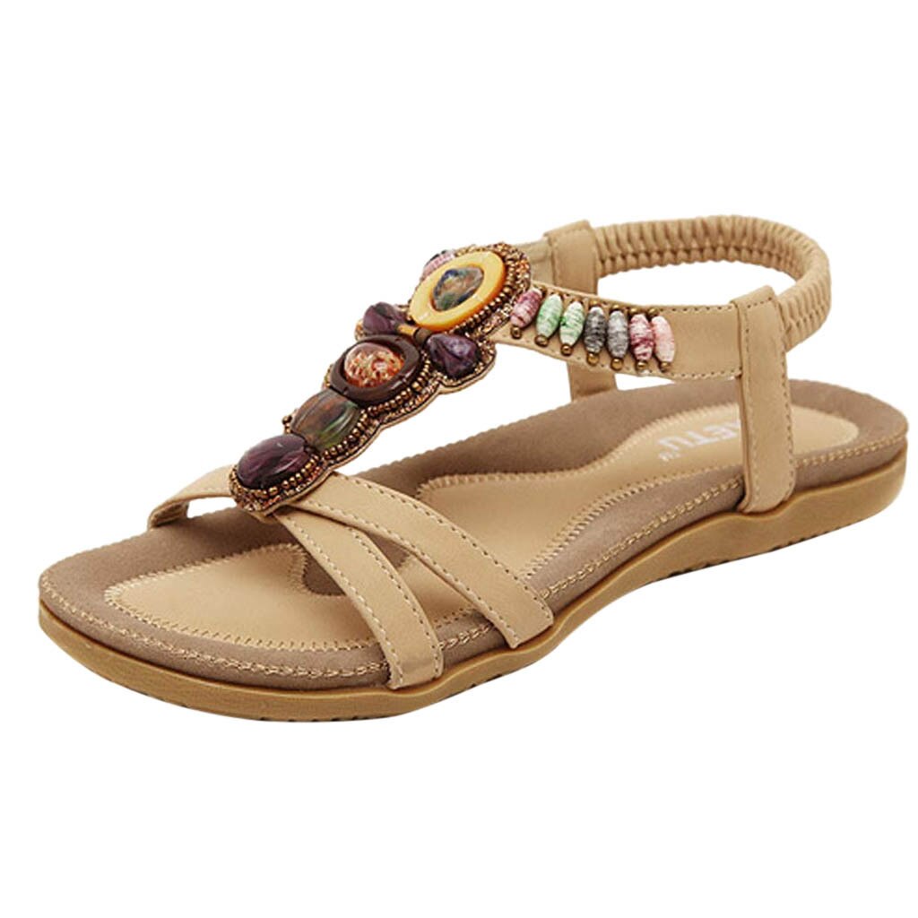 Vrouw Flats Sandalen Bohemian Flats Sandalen Vrouwelijke Kristal Strass Muilezels Slides Meisjes Sandalias Rasteirinha Wiggen Sandaal: KH / 38