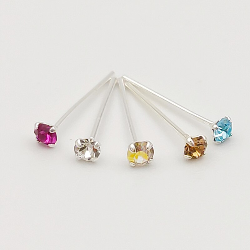 20pcs 925 Sterling Silver Nose Studs - 2mm Multicolor Crystal Round Body Piercing Jewelry