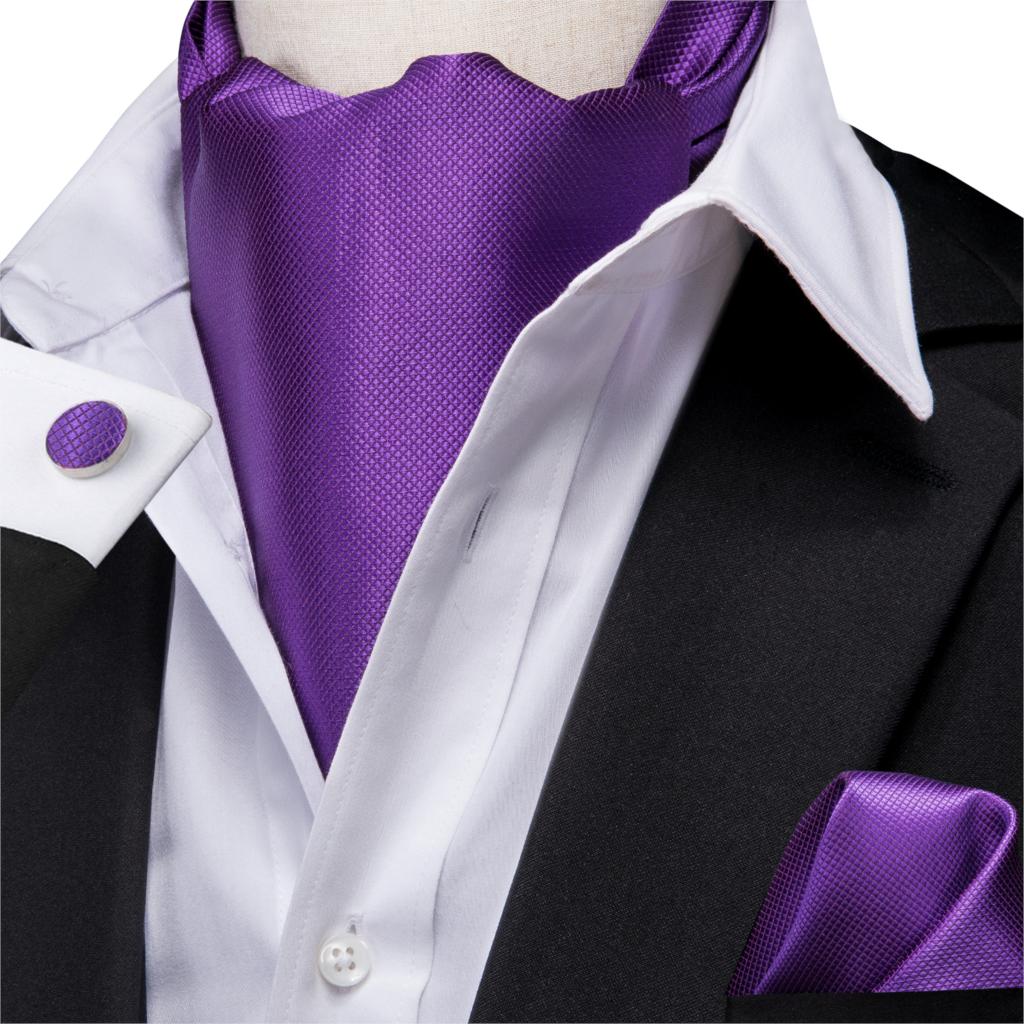 Men Silk Ascot Ties Solid Purple Cravat Formal Ties Pocket Square Cufflinks Set for Father/Husband Hi-Tie AS-1001: Default Title
