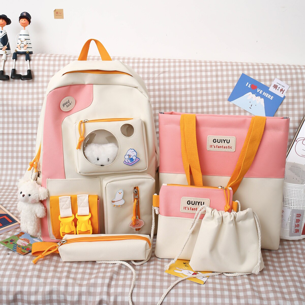 Wasser nachweisen Rucksack Für jugendlich Mädchen 2022 Nette Schule Tasche Für Frauen 5 Pes einstellen Schüler Rucksack Große Mehrere Taschen Tornister: Rosa-GJ