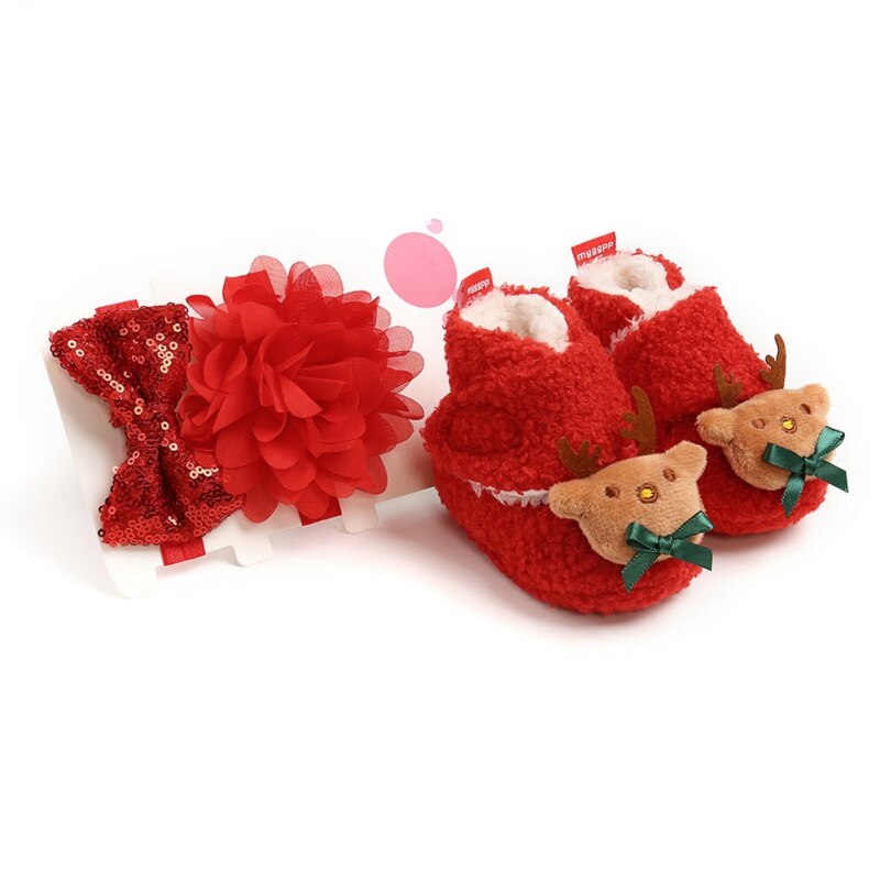 Newborn Baby Girl Boy Wnter morbidi stivali di peluche antiscivolo cervi di natale babbo natale scarpe carine + 2 fasce o 2 calzini abito