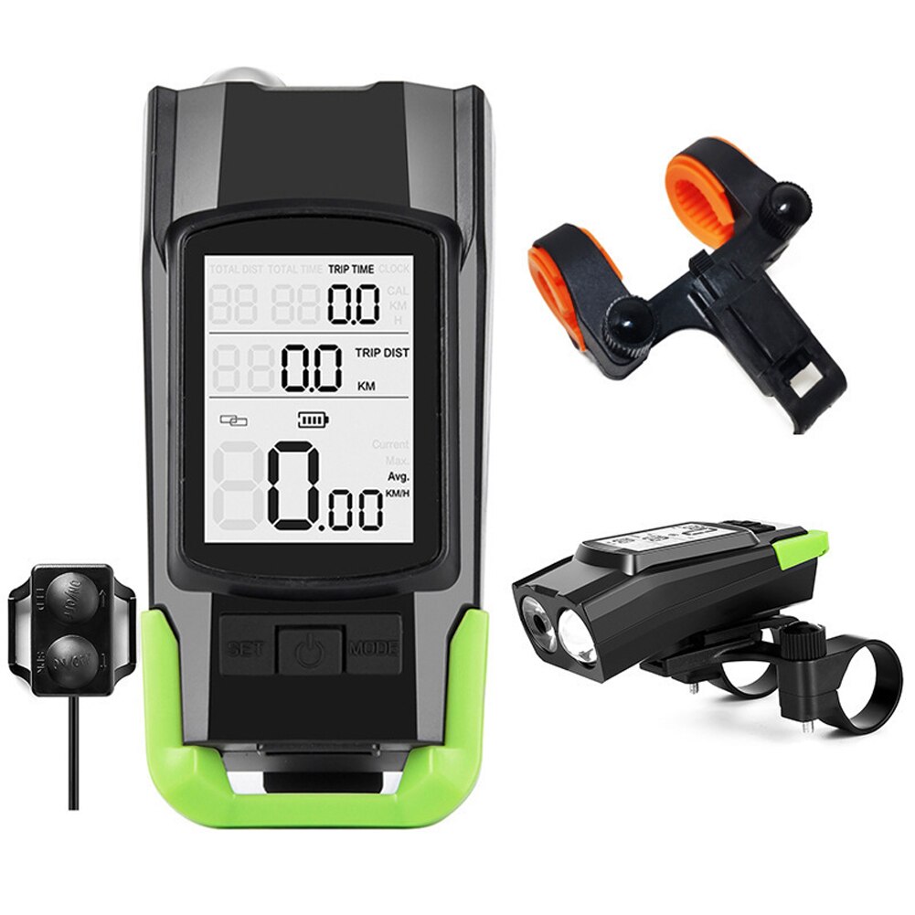 3-in-1 Tachometer + Scheinwerfer + Horn USB Fahrrad Computer 3 Modus Horn Taschenlampe LED Vorderseite Lichter radfahren Tacho: Grün Typ2