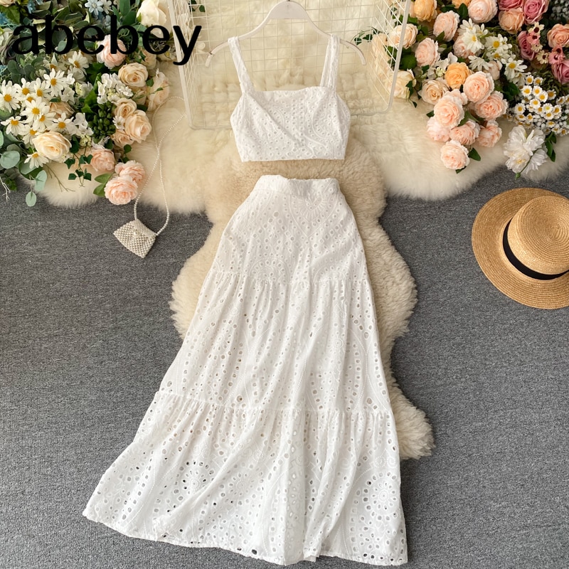Sommer kvinner uthult todelt sett vintage ermeløse tank topper med slash neck + høyt midje langt skjørt dame hvit/grønn 2pc sett