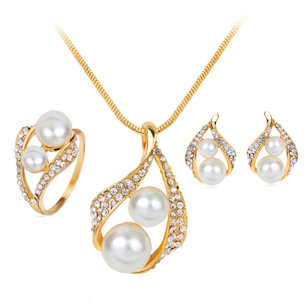 Charmant Sieraden Gesimuleerde-parel Ketting/Ring/Oorbellen Drie-delige Sieraden Set