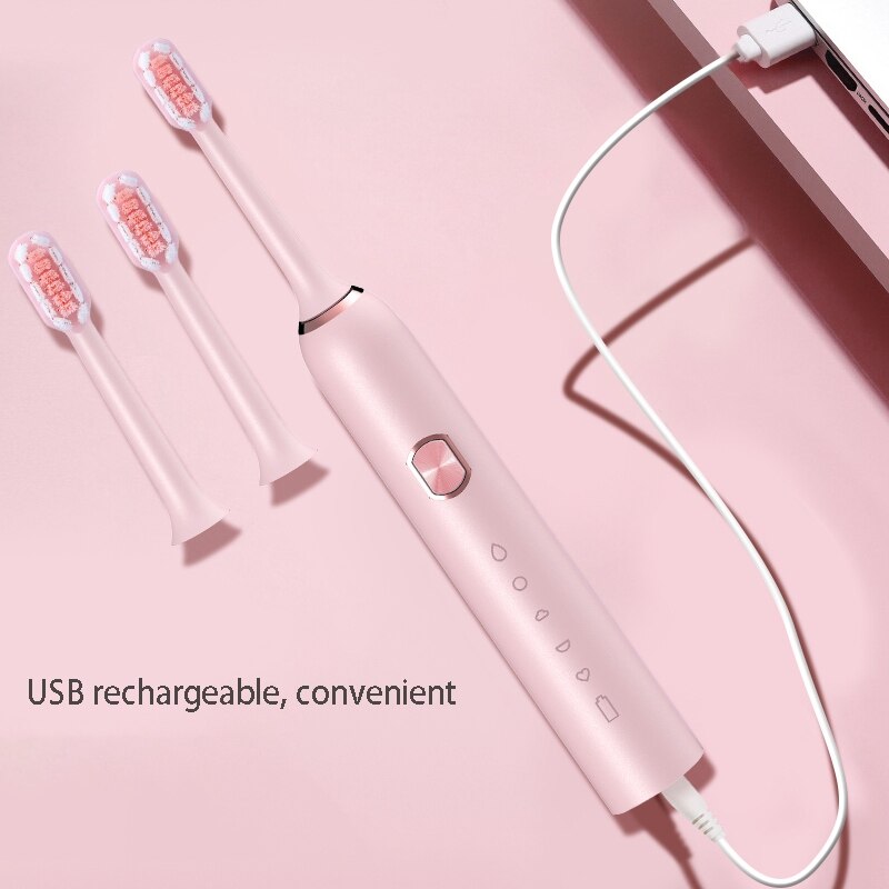 Vibration Electric Toothbrush Waterproof USB Charging Smart Timer 5-Mode Vibration Brush Replacement Head