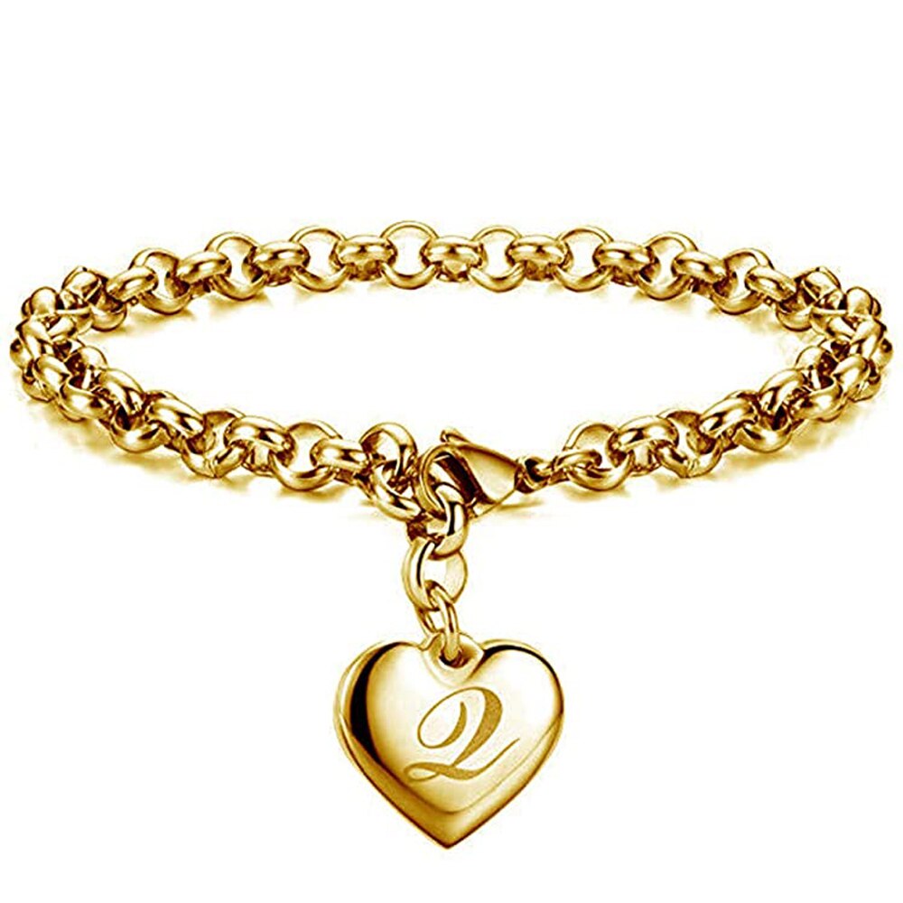 Bracelet avec lettres de l'alphabet en acier inoxydable, 26 lettres, breloque initiale, couleur or, pour femmes et filles, pour enfants
