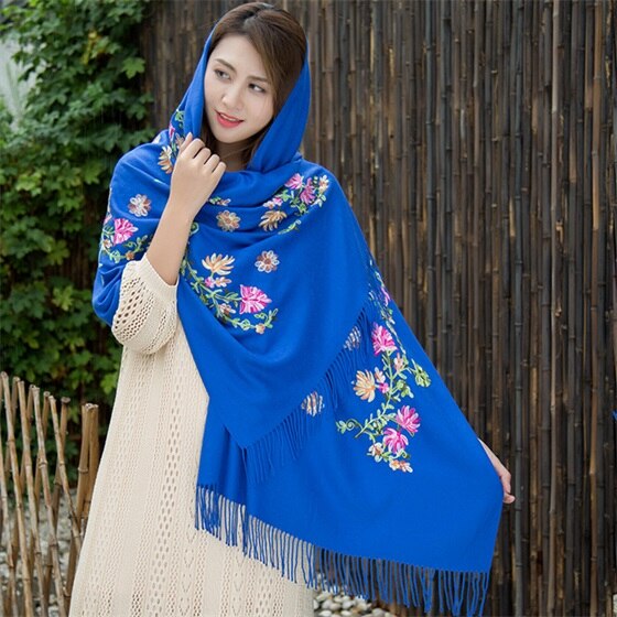 Borduren Bloemen Sjaal Vrouwen Kasjmier Katoen Viscose Sjaals Soild Plain Borduur Sjaals Moslim Kwasten Hijaabs GP02: Blauw