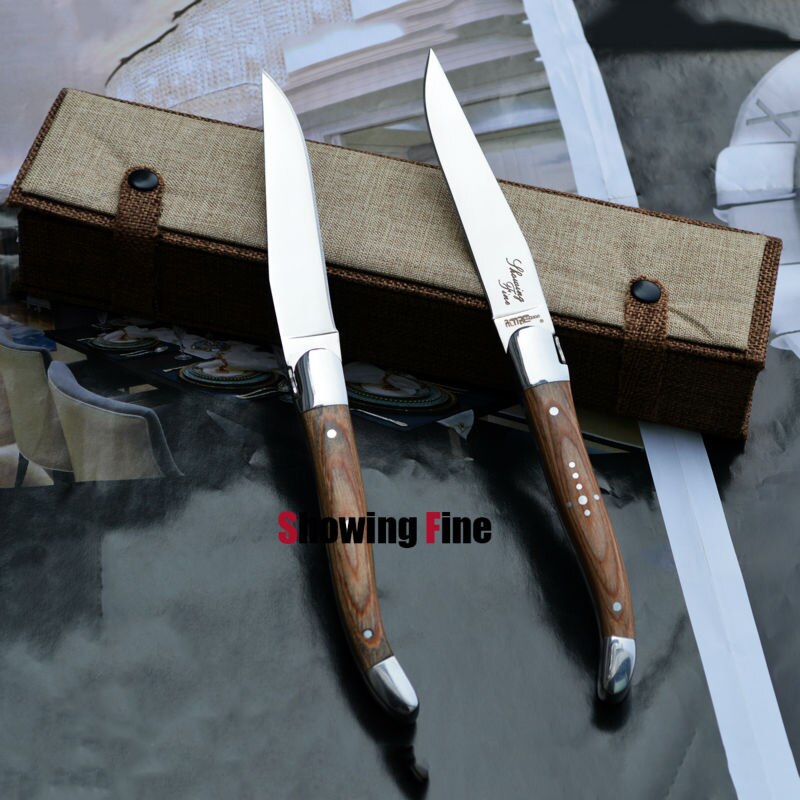 Kerstcadeau Laguiole Rvs Diner Mes LayerWood Handvat Tafel Kinves Steak Messen Bestek, 2 stks in een Handgemaakte doos