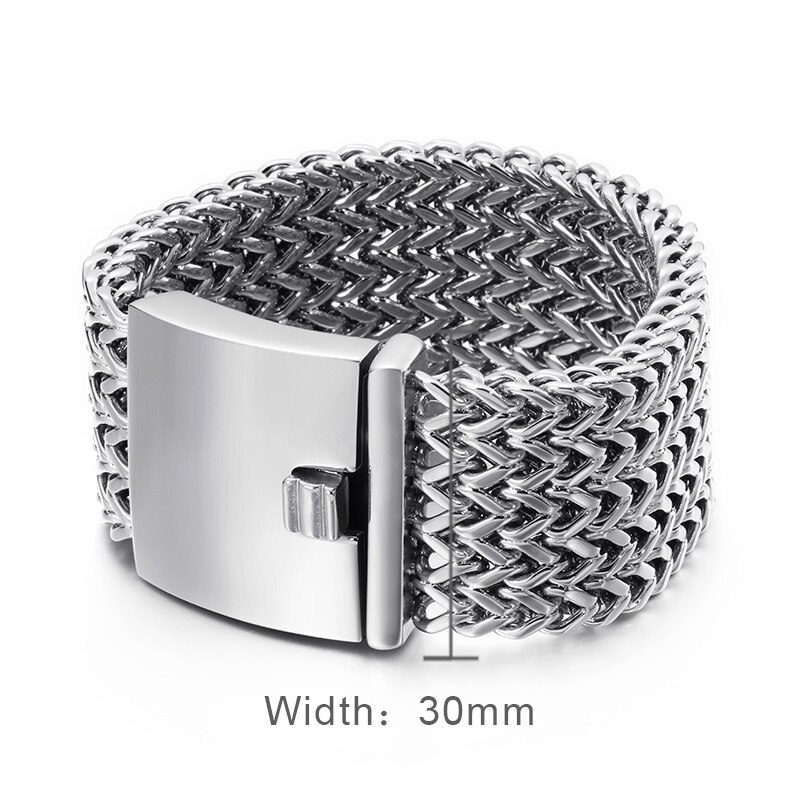 Fongten Mesh Link Chain Armband Mannen Punk Vintage Metalen Roestvrij Staal Mens Wrist Band Charme Brede Armbanden Sieraden: Steel 30mm Width / 19cm