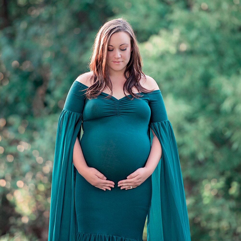 D&J Maternity Dress for Photo Shoot Maxi Maternity Gown Extend Long Sleeves Fancy Women Maternity Photography Props