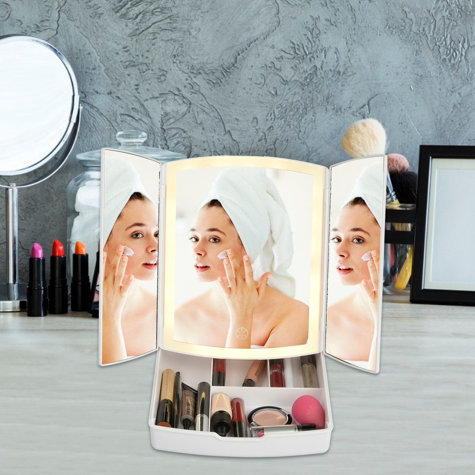 Lighted Makeup Mirror Trifold Vanity Mirror Touch Screen Dimming with Storage Tray ang 5x Magnification mirror