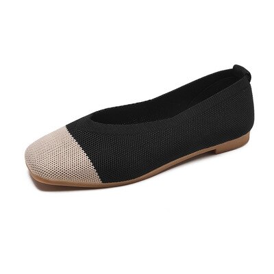 Ms. Grandma's shoes square head shallow mouth one foot peas shoes knit flat single shoes wild: Black / 4