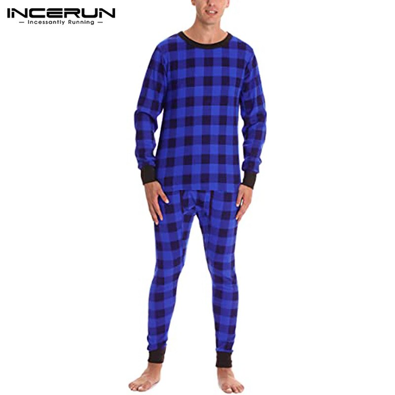 Men Plaid Pajamas Sets Homewear Long Sleeve O Neck Sleepwear Leisure Sleep Pants 2 Pieces Comfortable Men Nightwear Sets INCERUN