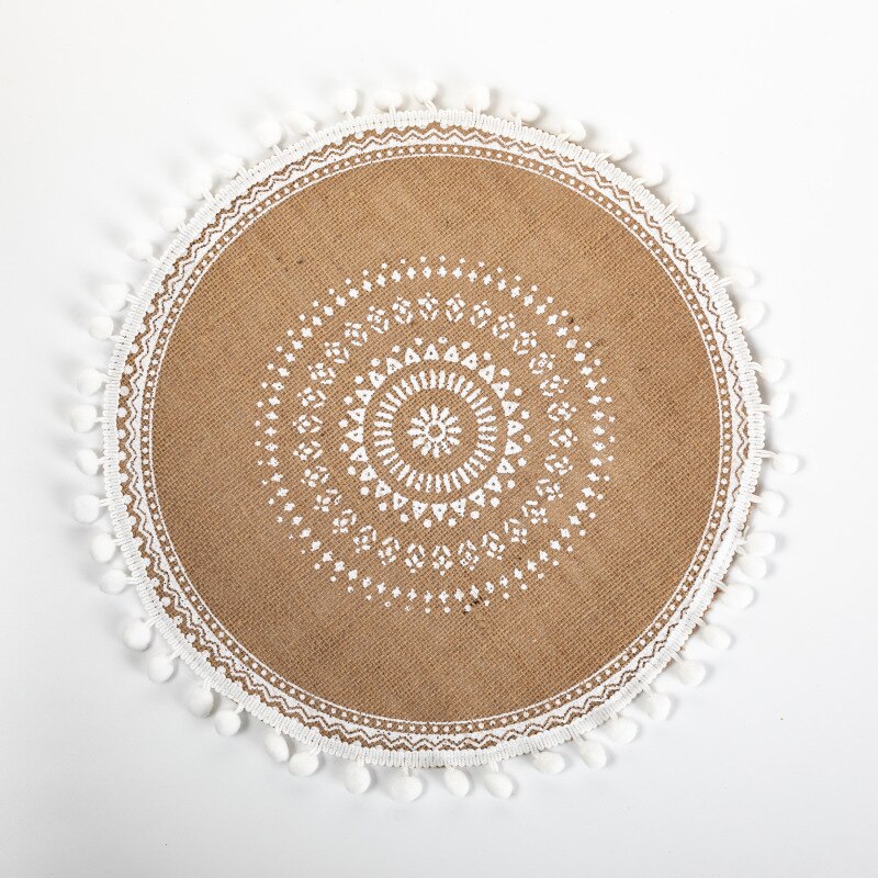 Napperon de Table à manger rond en Jute avec pompon, napperon tissé antidérapant, tapis isolant, dessous de verre pour café, décoration de la maison,: Color-12