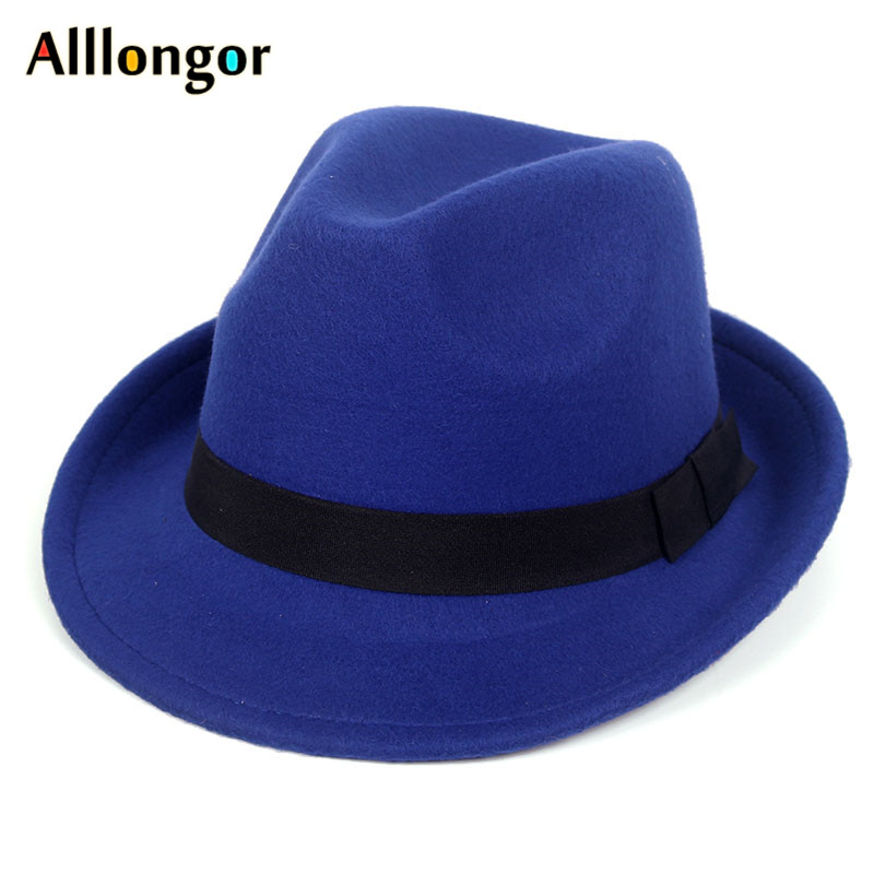 Efterår vinter fedora hatte mænd kvinder følte trilby hat udendørs jazz hat panama sort uld chapeu fedora: Blå