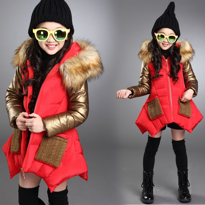 girls winter coat 4-13 years old children's down jacket hooded Fur collar Gold stitching sleeves Classic coat