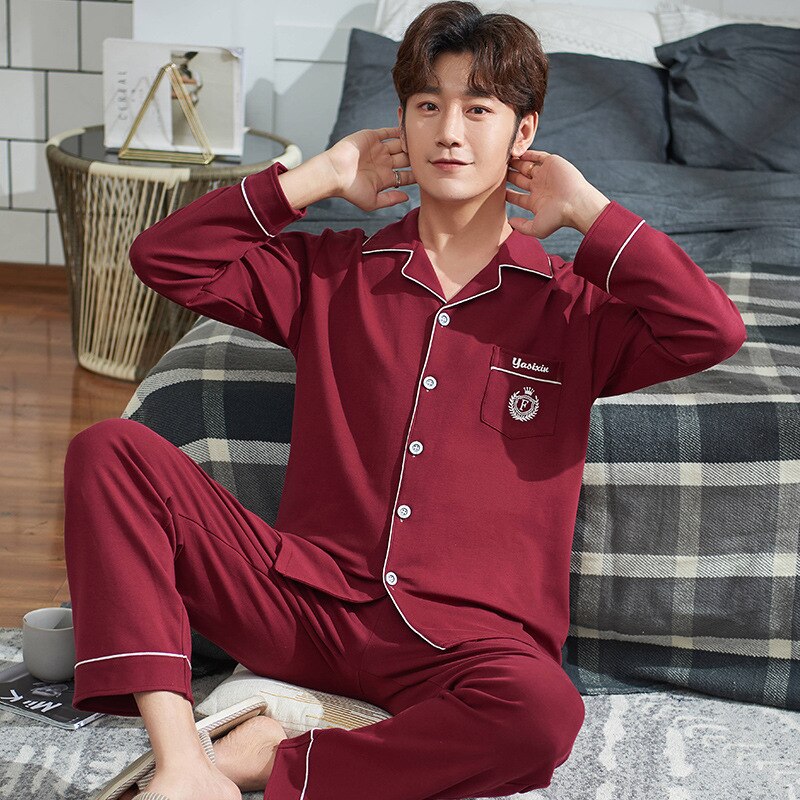 Solid Color Cotton Men Pajamas Leisure Suit May Be Outer Wear Clothing Comfortable and Breathable Autumn & Winter Fold-down Coll