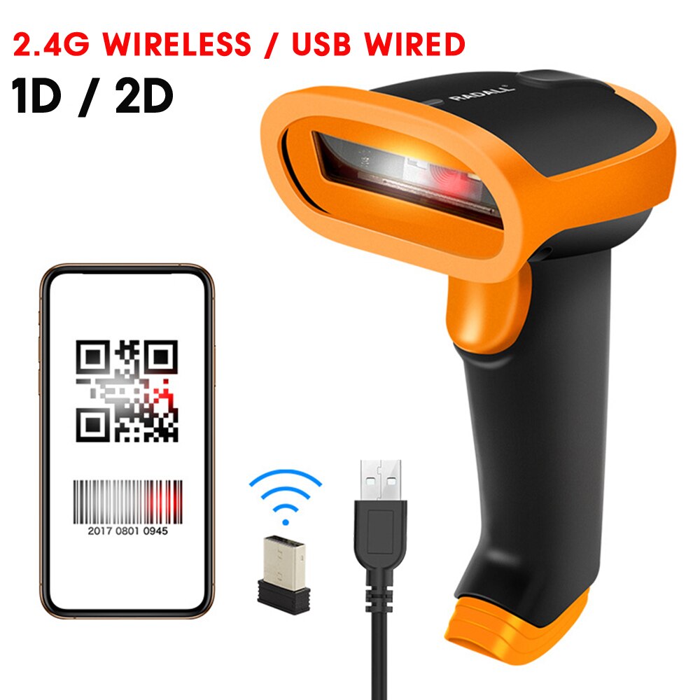 1D 2D Supermarket Handhel Barcode Bar Code Scanner Reader QR 2.4G Wireless &amp; Wired USB Barcode Scanner For Library Warehouse