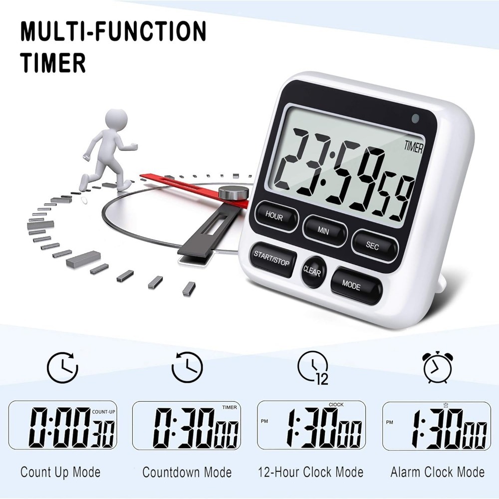 Digital Kitchen Timer with Mute/Loud Alarm Switch ON/Off Switch, 24 Hour Clock & Alarm, Memory Function Count Up Count Dow