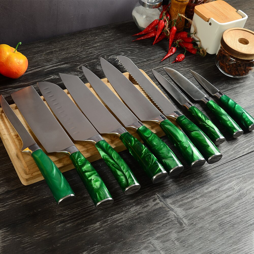 XYj-Juego de cuchillos de cocina de acero inoxidable, juego de cuchillos con Mango Verde de 8 pulgadas, Santoku, cortador de pan de Chef, rebanador chino 3CR13