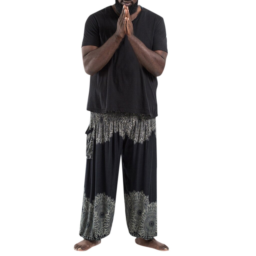 Størrelse bohemian hippie mænd afslappet bukser elastisk talje yoga bukser: -en