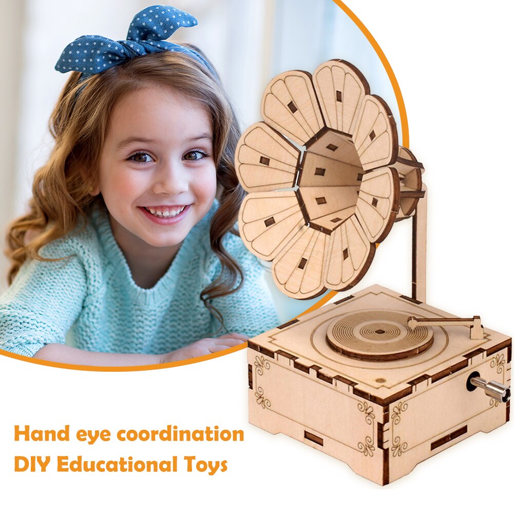 1Set DIY Hand Cranked Wood phonograph ramophone Music Box Wooden puzzle Handmade assembled children's YJN