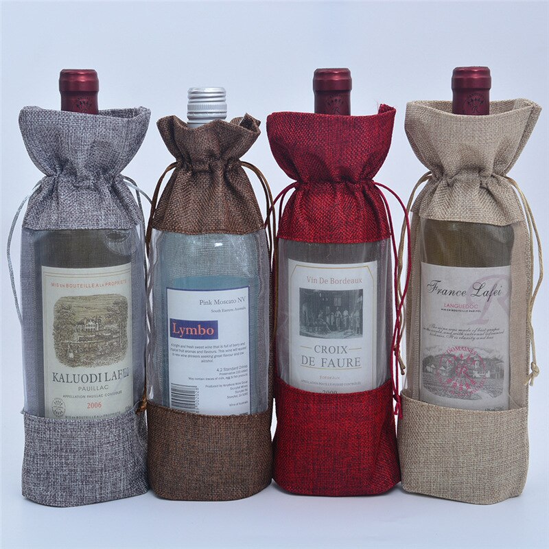 10 teile/los Neueste 14x30cm Sackleinen Jute Sacktuch Leinen Kordelzug Taschen Wein Flasche Lagerung Tasche