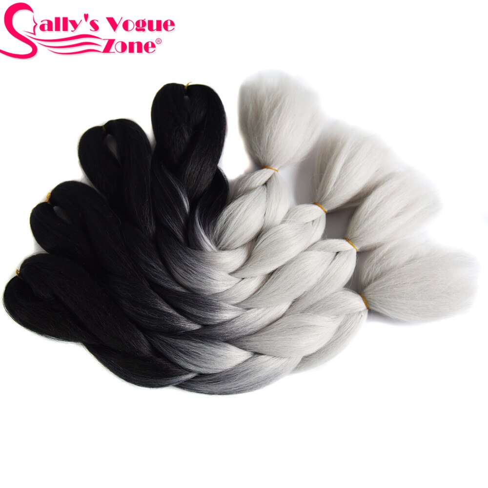 Sallyhair 24inch Ombre 3 Tone Black Purple Silver Grey Color Synthetic Braiding Hair Extension Colored Bulk Hair: T1B/Silver Gray