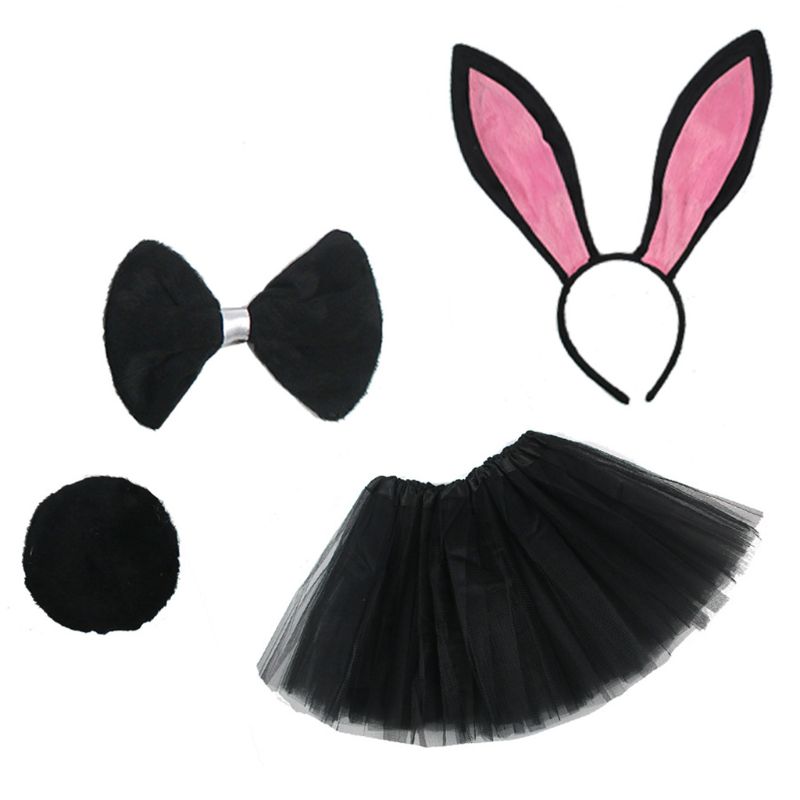 Costume Cosplay pour enfants, ensemble de 4 pièces, jupe Tutu, oreilles de lapin, bandeau, queue de noeud papillon: Black