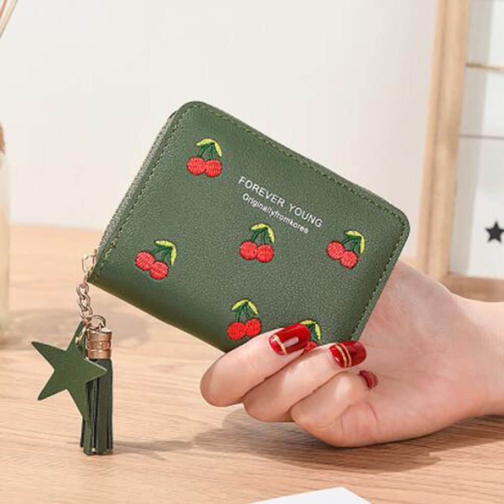 PU Cherry Embroidered Short Women Wallet Zipper Coin Purse Tassel Women Clutch Purses Cards Holder Coin Pocket: Green